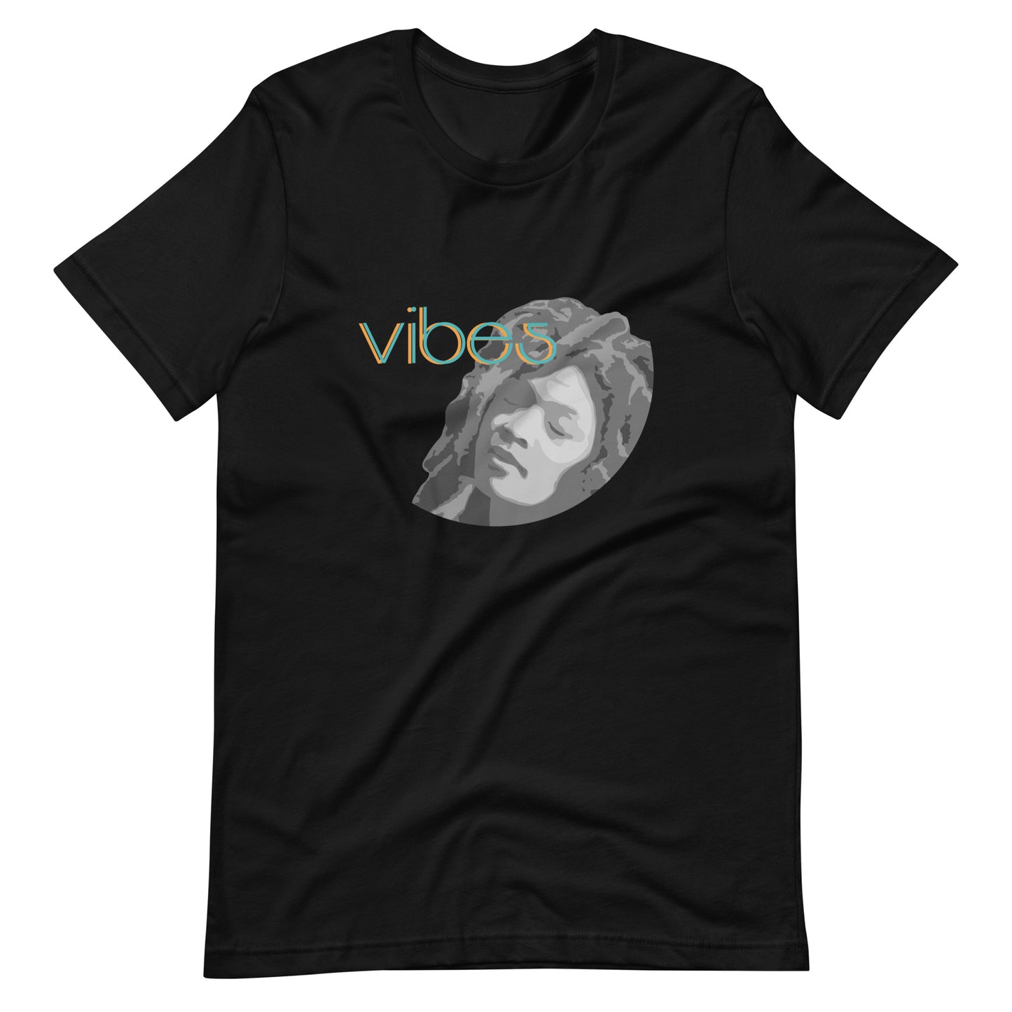 Cool Vibes Easy Listening graphic t-shirt. Front view of black t-shirt with a graphic of a dreamy looking black woman with text that says vibes.