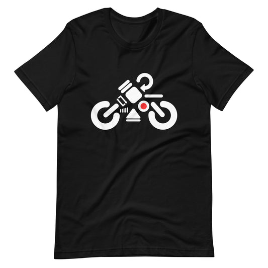 Audio Icons Mega Bike graphic t-shirt.
Front view of black t-shirt with a graphic made up of audio control icons.