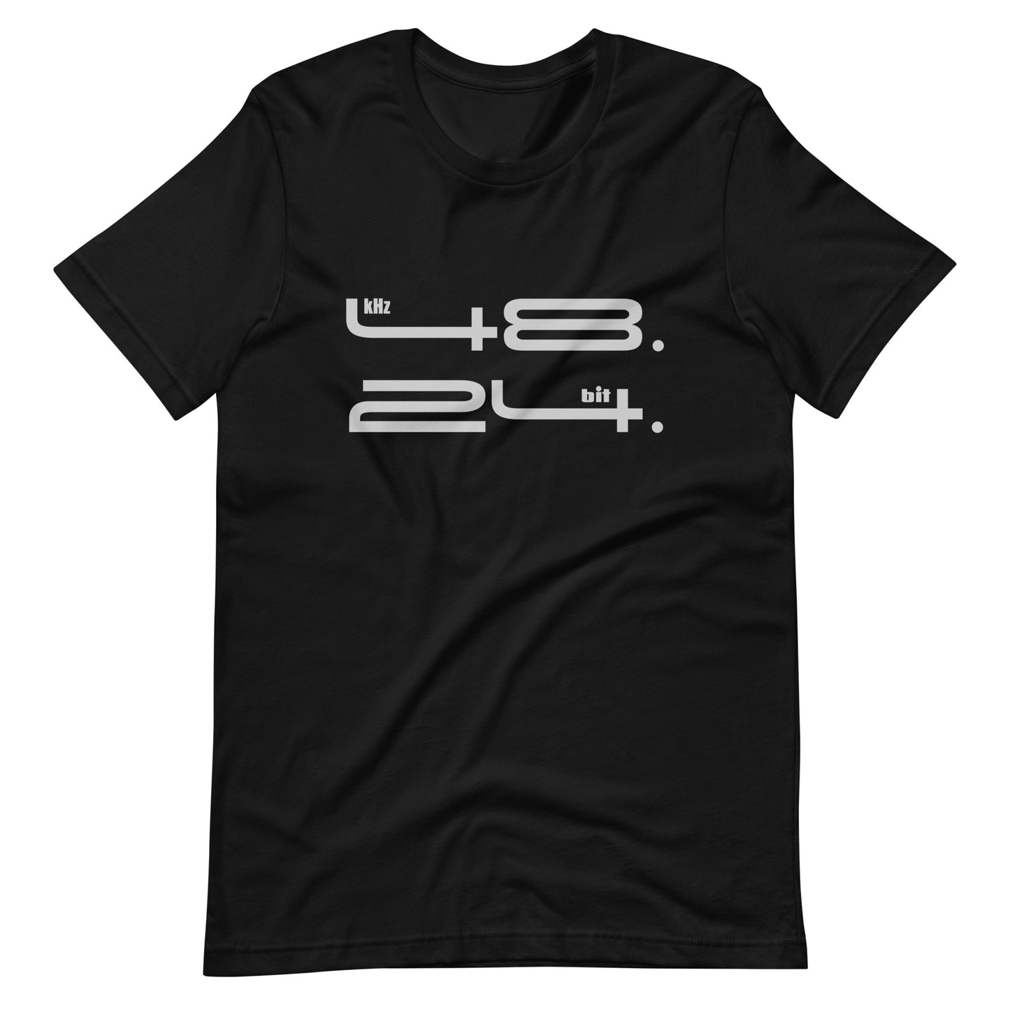 48k 24bit Pro Audio graphic t-shirt. Front view of navy black t-shirt with graphic of numbers 48 and 24.