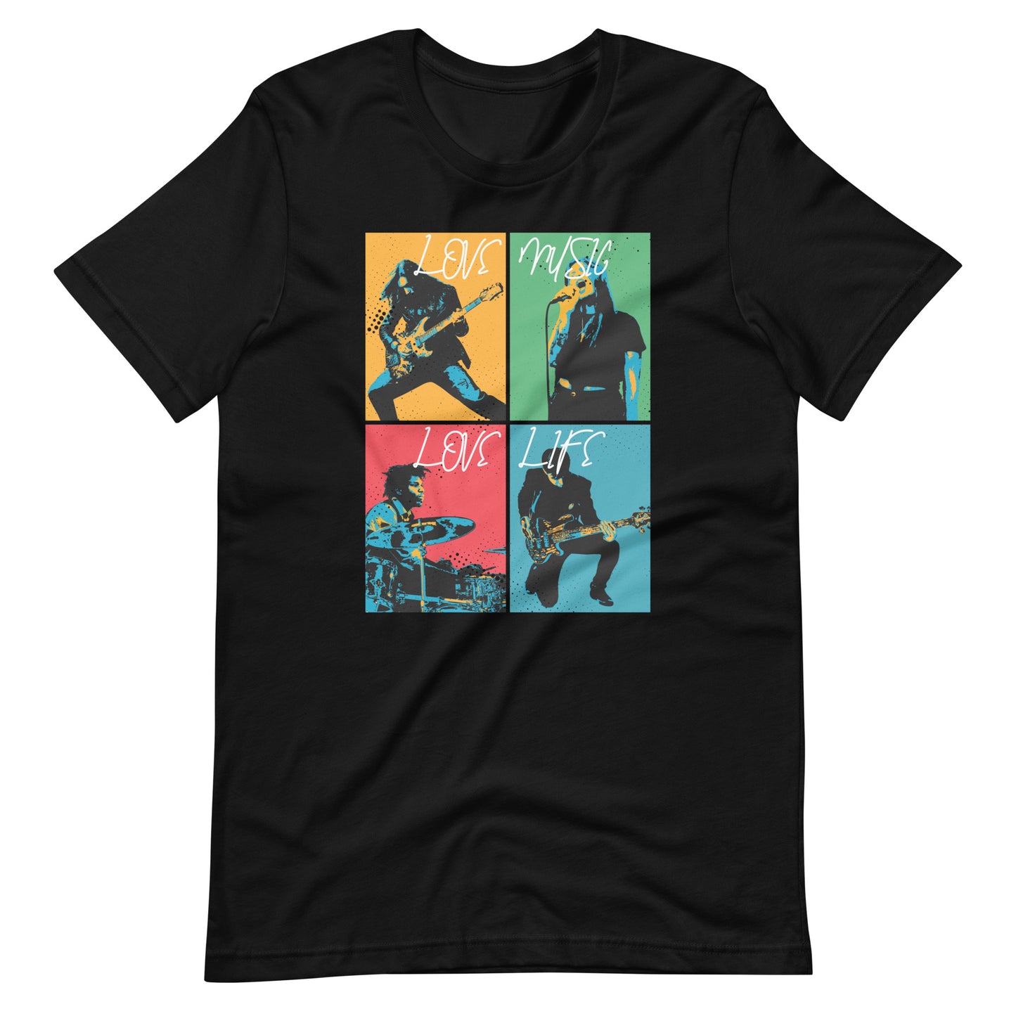 Love Music Love Life graphic t-shirt. Front view of black t-shirt with graphic of 4 musicians playing instruments.