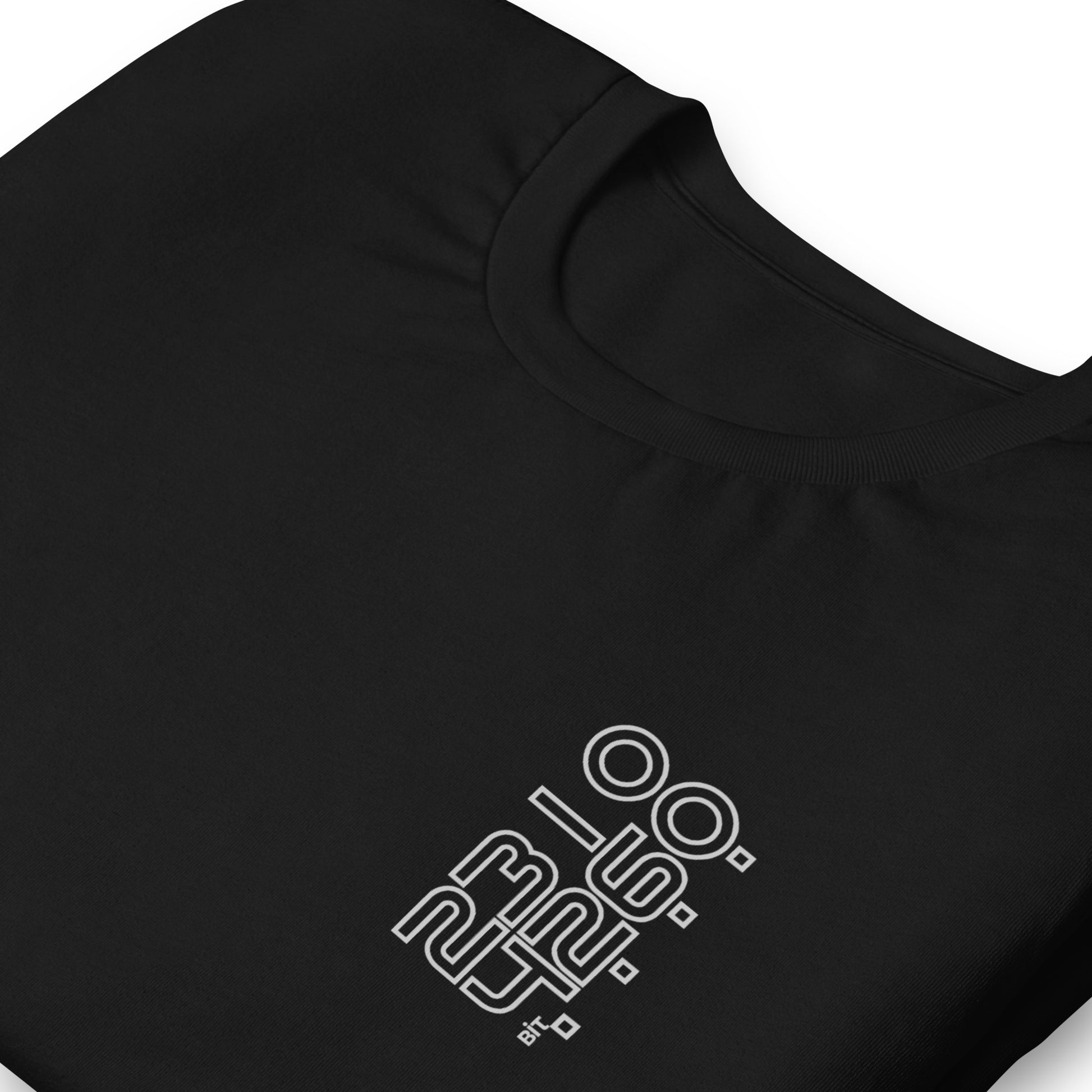 Bit Code 1 Digital Audio graphic t-shirt. Close up front view of a black t-shirt with a graphic featuring the numbers 16, 24 and 32.