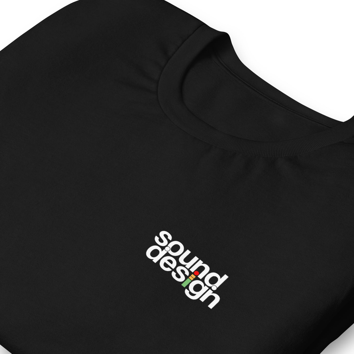 iMeter Sound Design graphic t-shirt. Close up front view of black t-shirt with a graphic that says Sound Design.