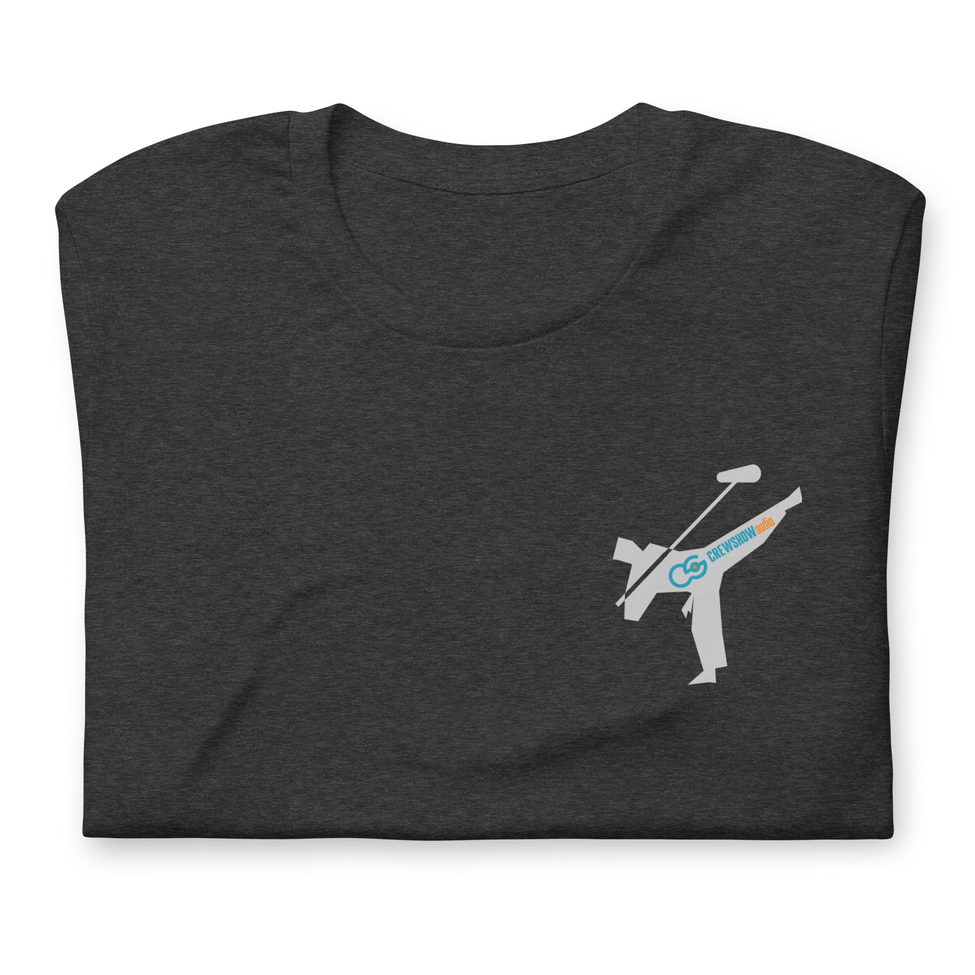 Active Duty Sound Crew graphic T-shirt. Front view close up of folded grey T-shirt with a graphic of martial arts fighter holding a boom microphone