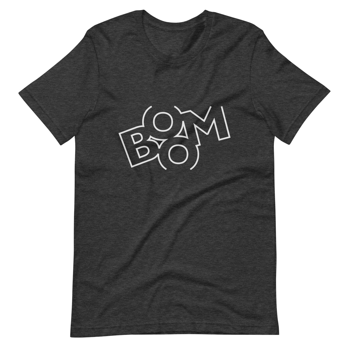 Boom Tee Sound Crew graphic T-shirt. Front view of an open dark grey t-shirt with a graphic that says BOOM.