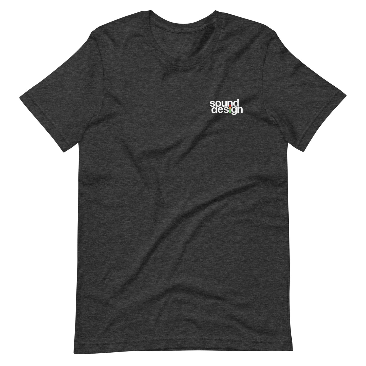 iMeter Sound Design graphic t-shirt. Front view of grey t-shirt with a graphic that says Sound Design.