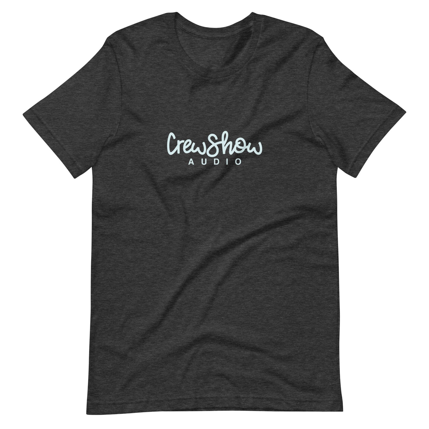 Crew Show Audio Script graphic t-shirt. Front view of dark grey t-shirt with a script style graphic that says Crew Show Audio.