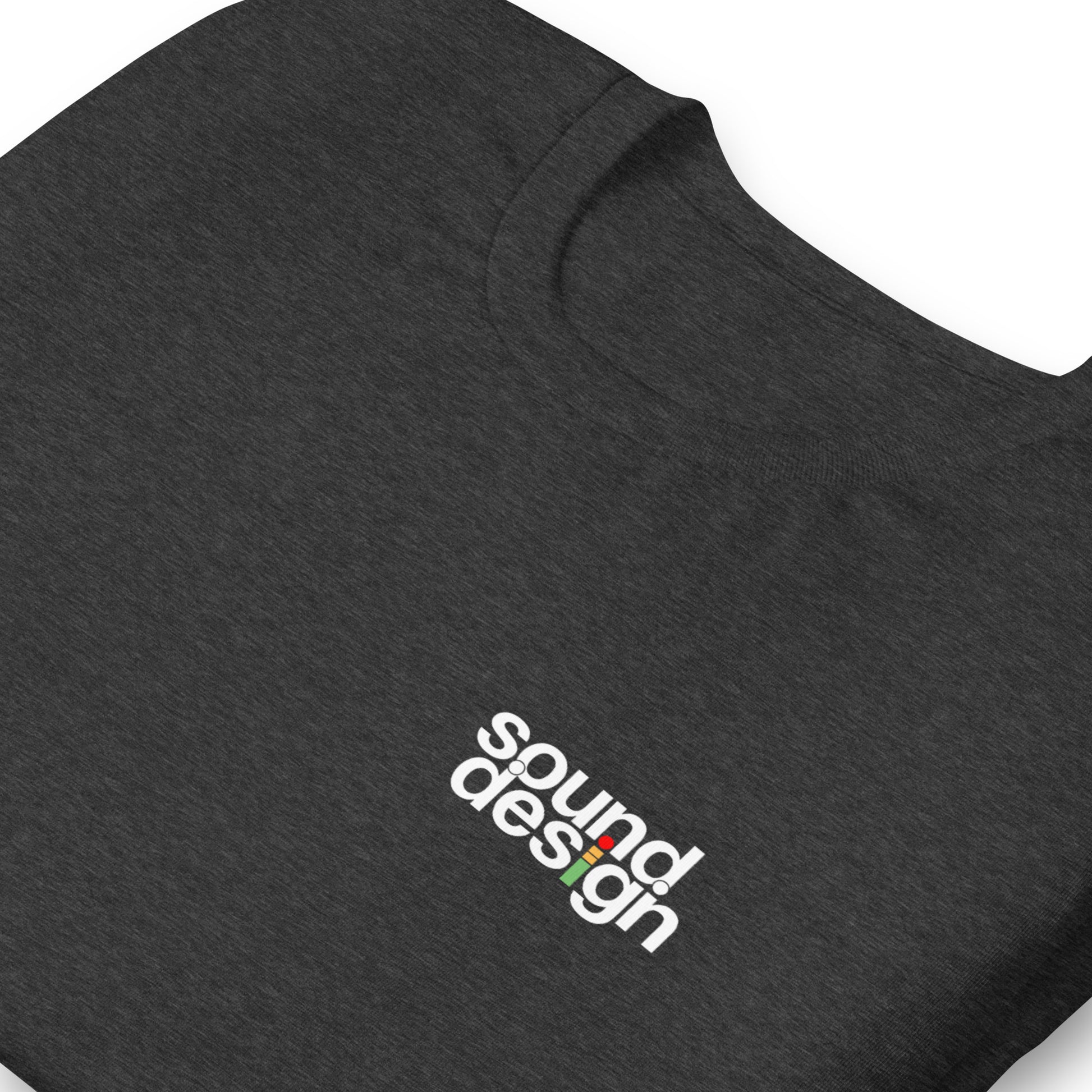 iMeter Sound Design graphic t-shirt. Close up front view of grey t-shirt with a graphic that says Sound Design.