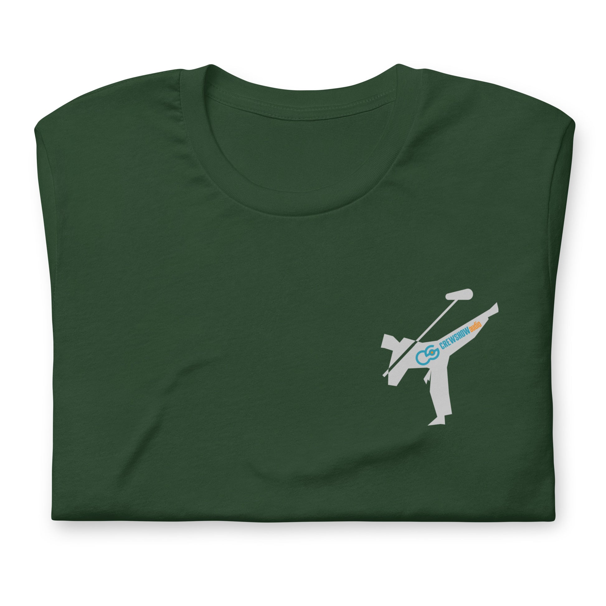 Active Duty Sound Crew graphic T-shirt. Front view close up of folded green T-shirt with a graphic of martial arts fighter holding a boom microphone