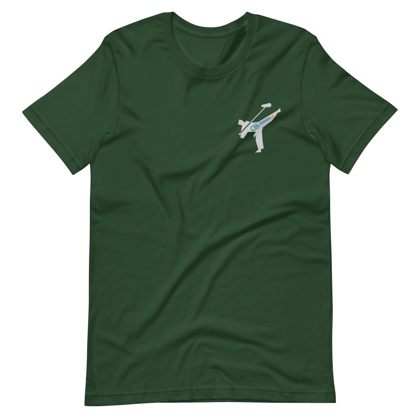 Active Duty Sound Crew graphic T-shirt. Front view of open green T-shirt with a graphic of martial arts fighter, holding a boom microphone.