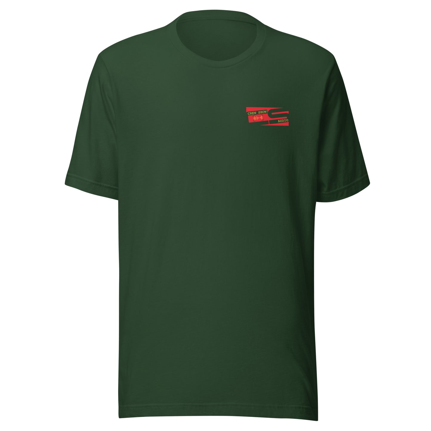 Raise the flag Sound crew graphic T-shirt. Front view of green t-shirt with a graphic in red that looks like a flag.
