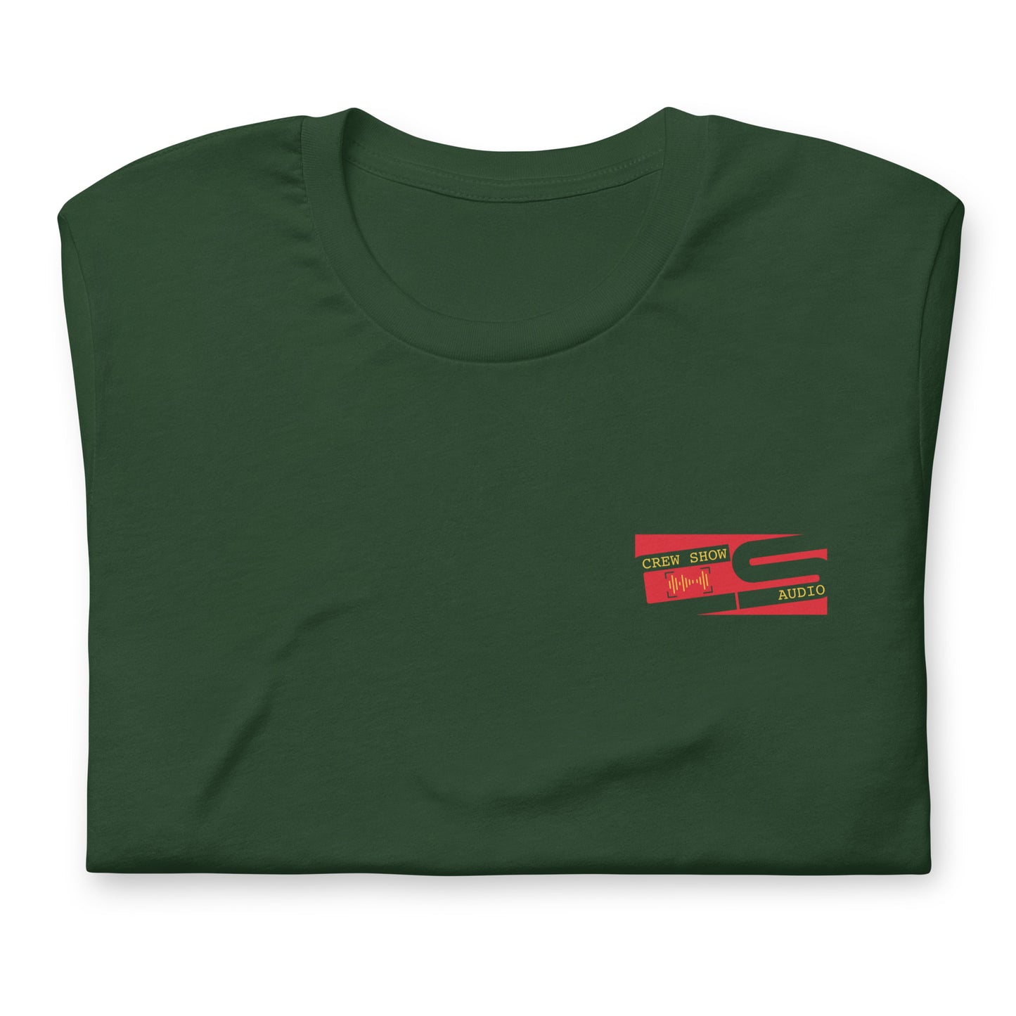 Raise the flag Sound crew graphic T-shirt. Front view folded green t-shirt with a graphic in red that looks like a flag.