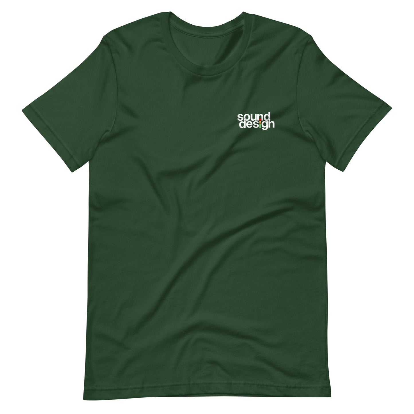 iMeter Sound Design graphic t-shirt. Front view of forest green t-shirt with a graphic that says Sound Design.