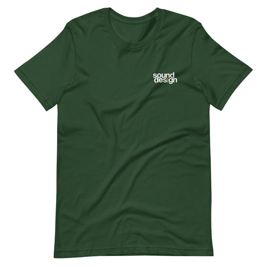 iMeter Sound Design graphic t-shirt. Front view of forest green t-shirt with a graphic that says Sound Design.