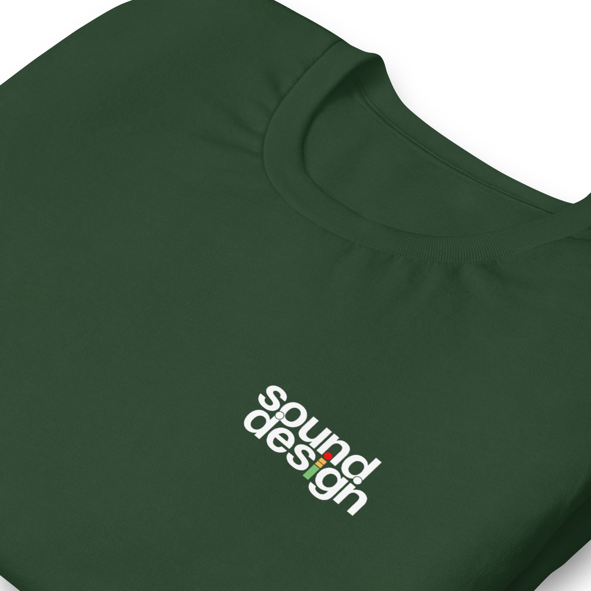 iMeter Sound Design graphic t-shirt. Close up front view of forest green t-shirt with a graphic that says Sound Design.