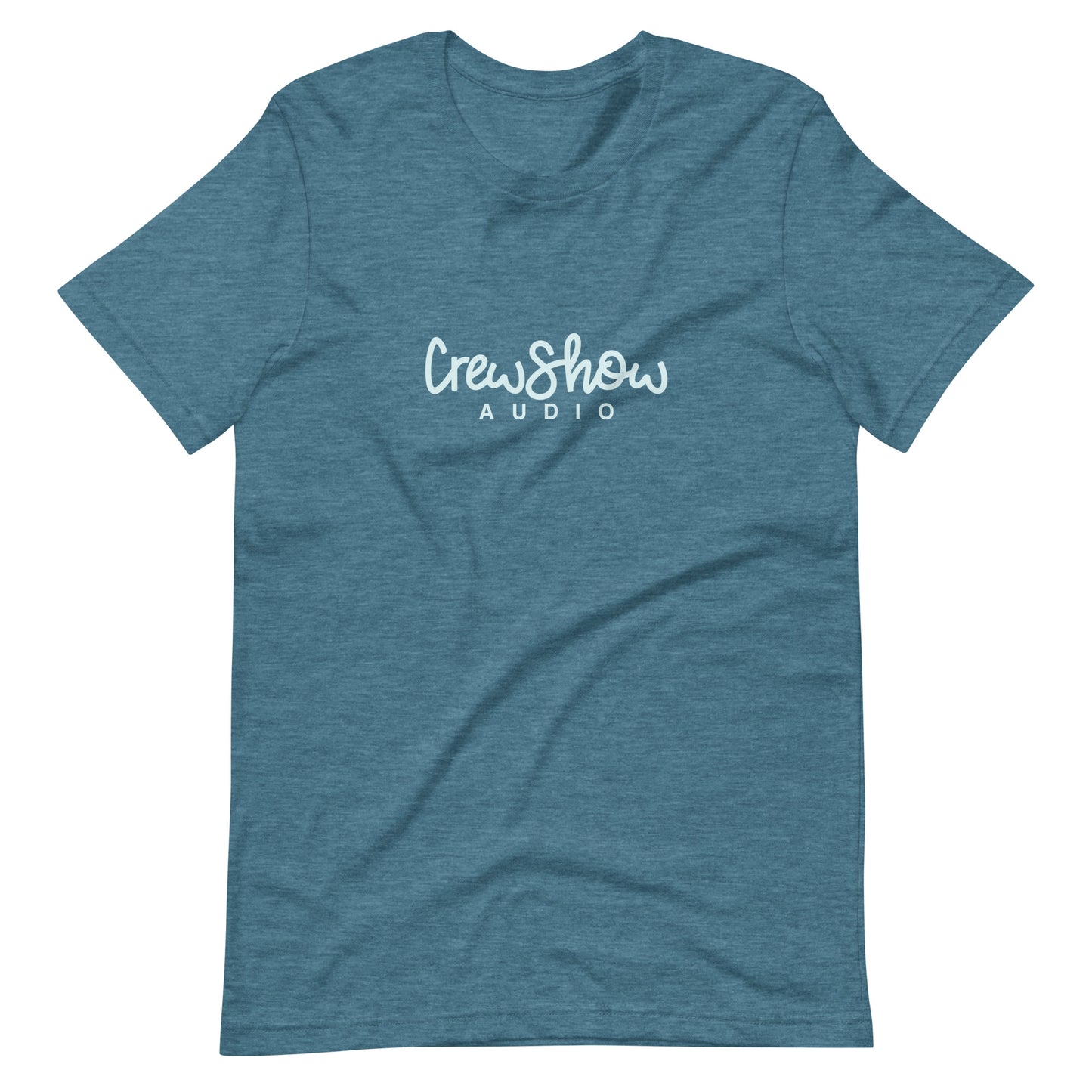 Crew Show Audio Script graphic t-shirt. Front view of teal colour t-shirt with a script style graphic that says Crew Show Audio.