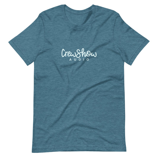 Crew Show Audio Script graphic t-shirt. Front view of teal colour t-shirt with a script style graphic that says Crew Show Audio.