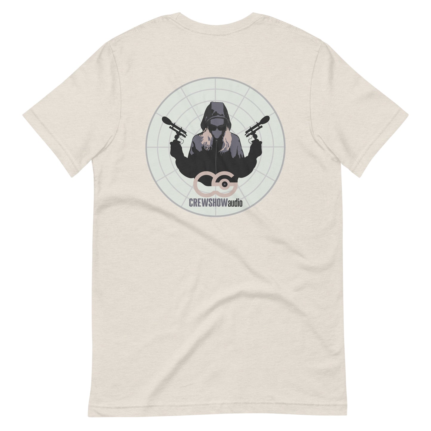 Assassin Sound Capture graphic t-shirt. Back view of athletic dust colour t-shirt with graphic of a woman holding 2 microphones.