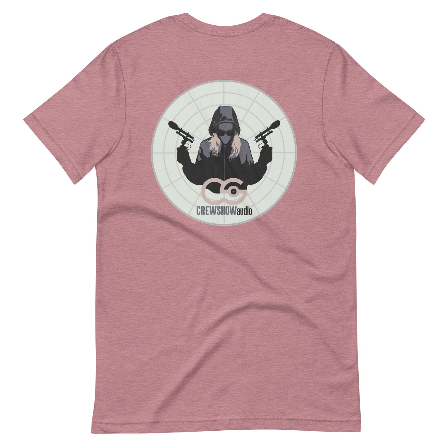 Assassin Sound Capture graphic t-shirt. Back view of orchid colour t-shirt with graphic of a woman holding 2 microphones.