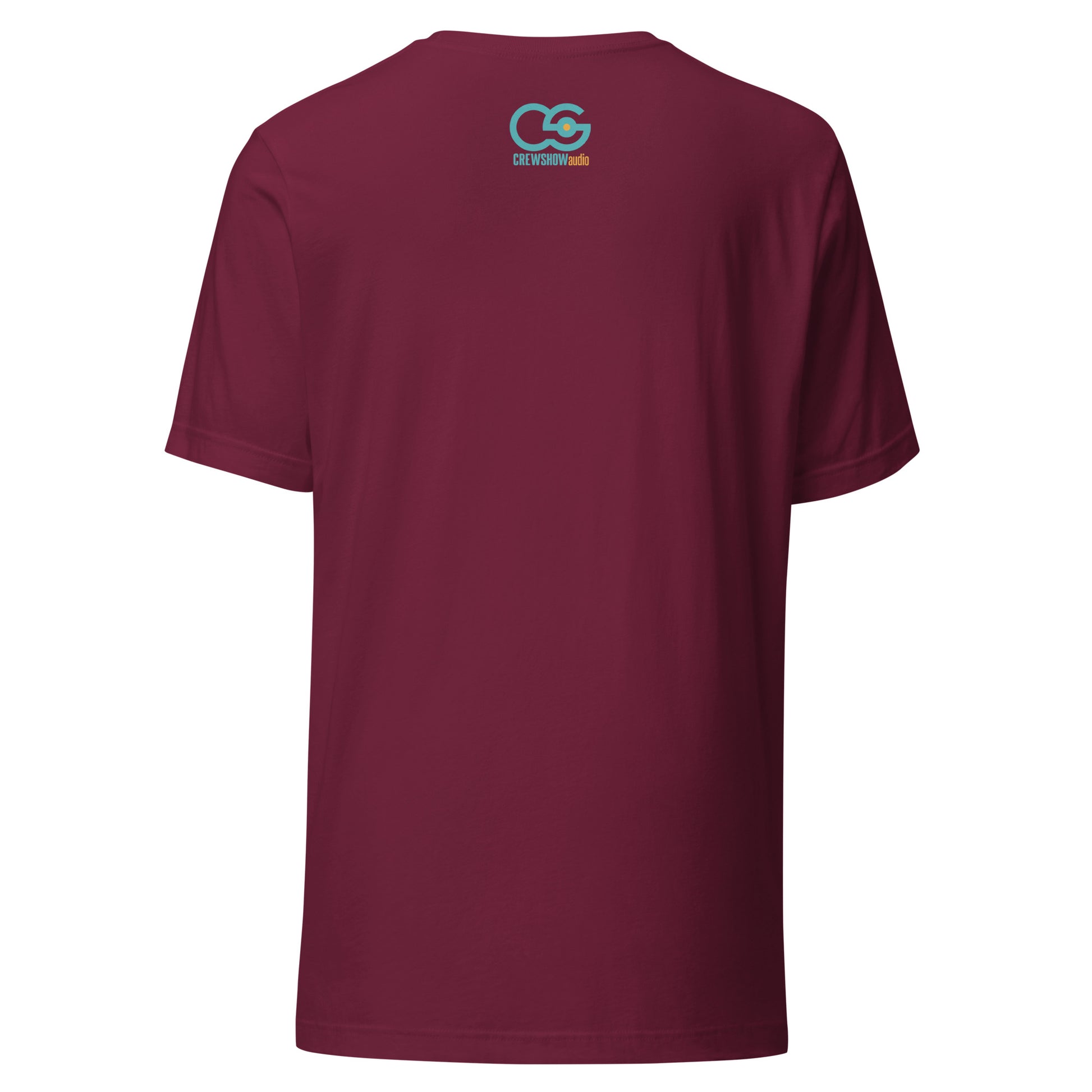 Boom Mic Shotgun graphic T-shirt. Back view of maroon t-shirt with the Crew Show Audio logo at the neck.