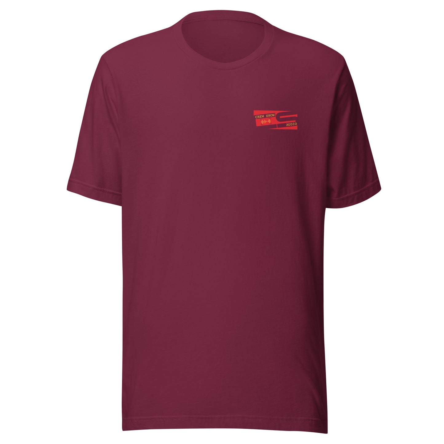Raise the flag Sound crew graphic T-shirt. Front view of maroon t-shirt with a graphic in red that looks like a flag.