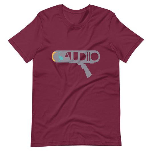 Boom Mic Shotgun graphic T-shirt. Front view of open maroon t-shirt with a graphic of boom microphone.