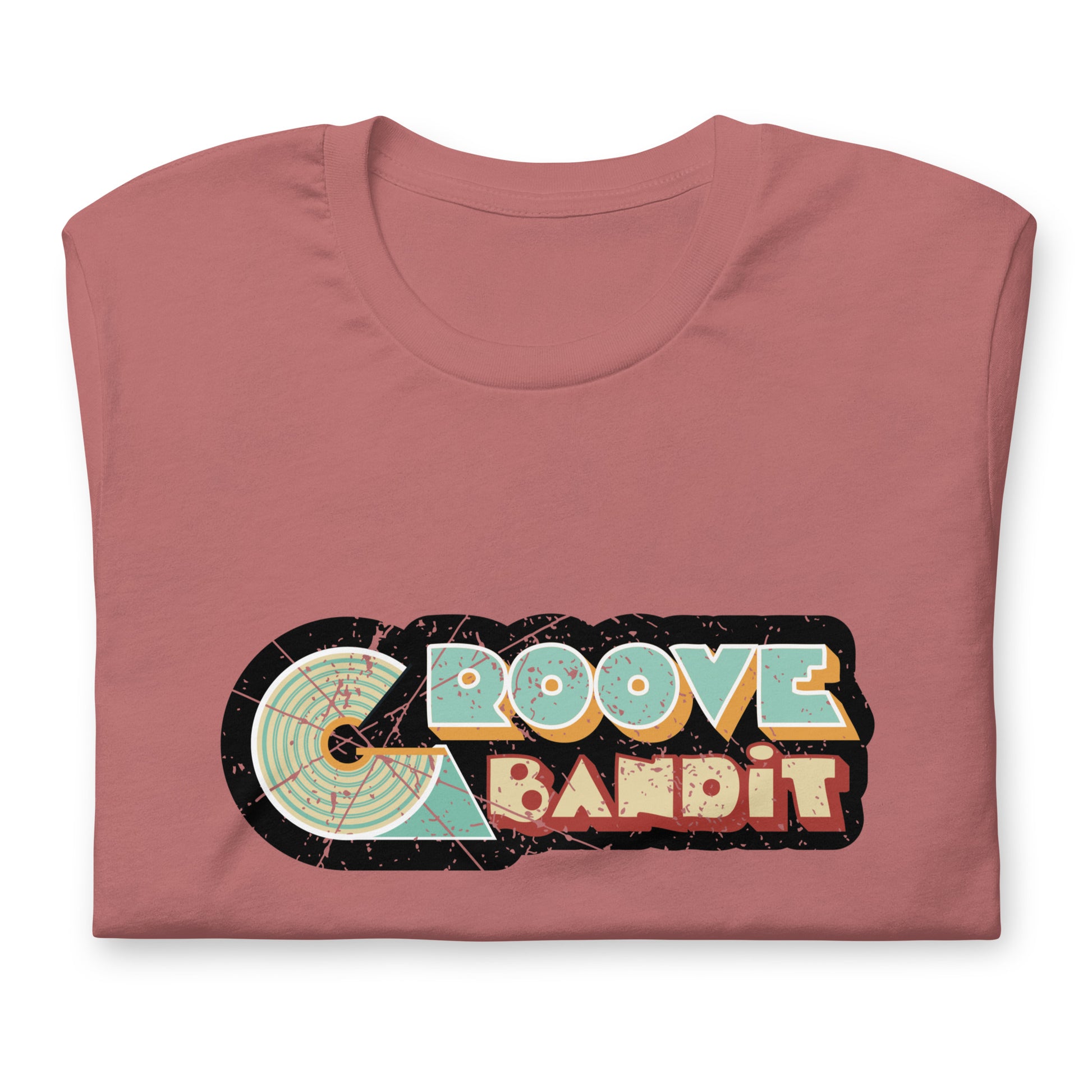 Groove Bandit Vintage Vinyl graphic T-shirt. Front view of folded mauve colour t-shirt with a vintage look graphic that says Groove Bandit.