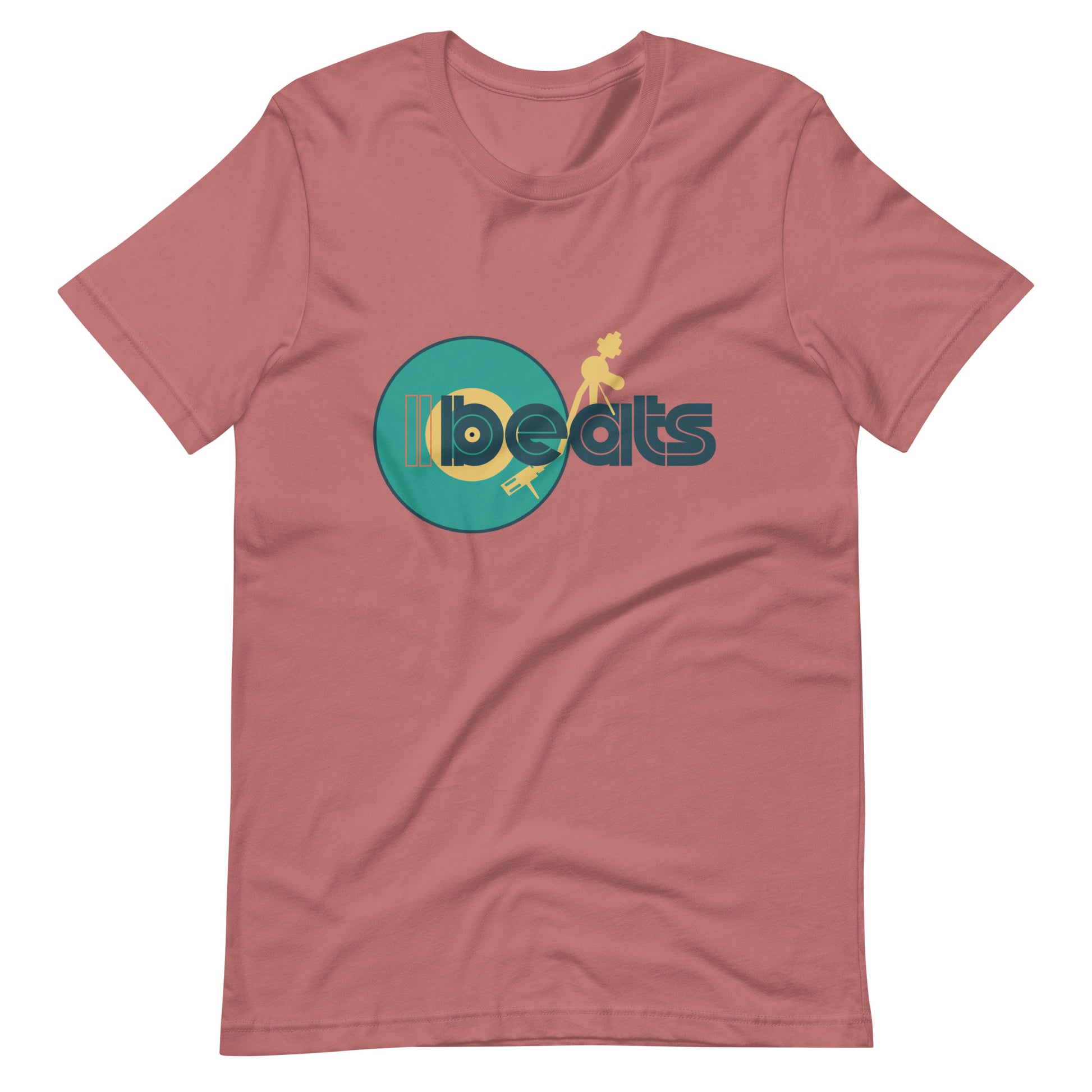 Music Beats Vinyl Player graphic T-shirt. Front view of a mauve colour t-shirt with a vinyl record player graphic that says beats.