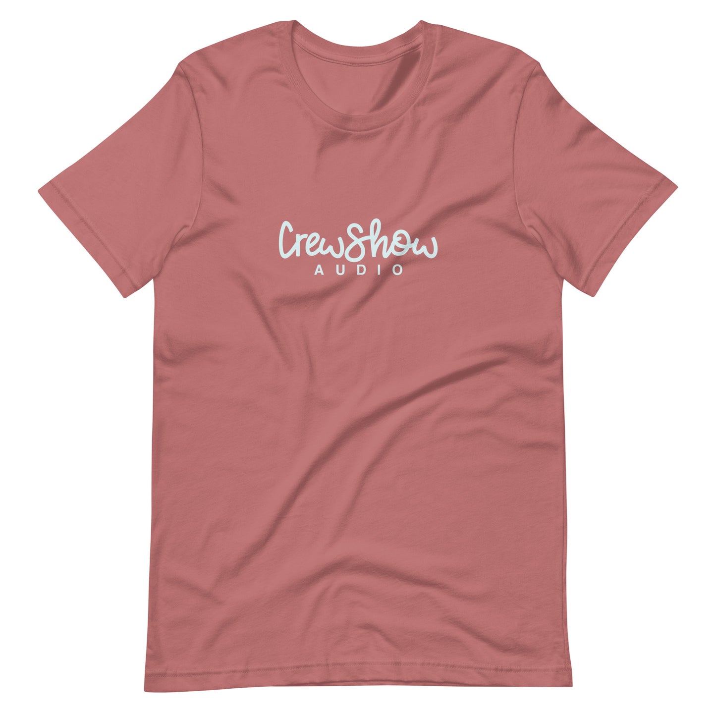 Crew Show Audio Script graphic t-shirt. Front view of mauve colour t-shirt with a script style graphic that says Crew Show Audio.