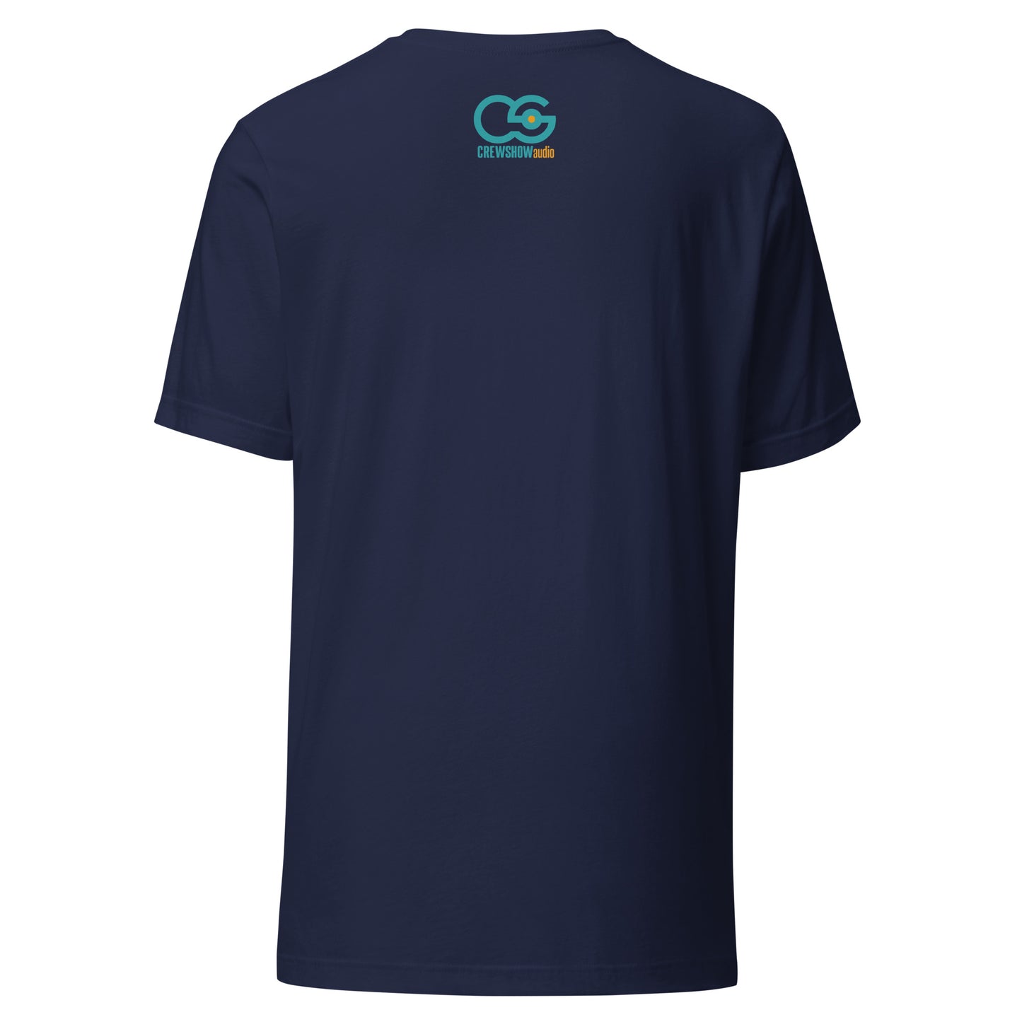 Credits Film Sound Crew graphic t-shirt. Back view of a navy t-shirt with the Crew Show Audio logo design on it.