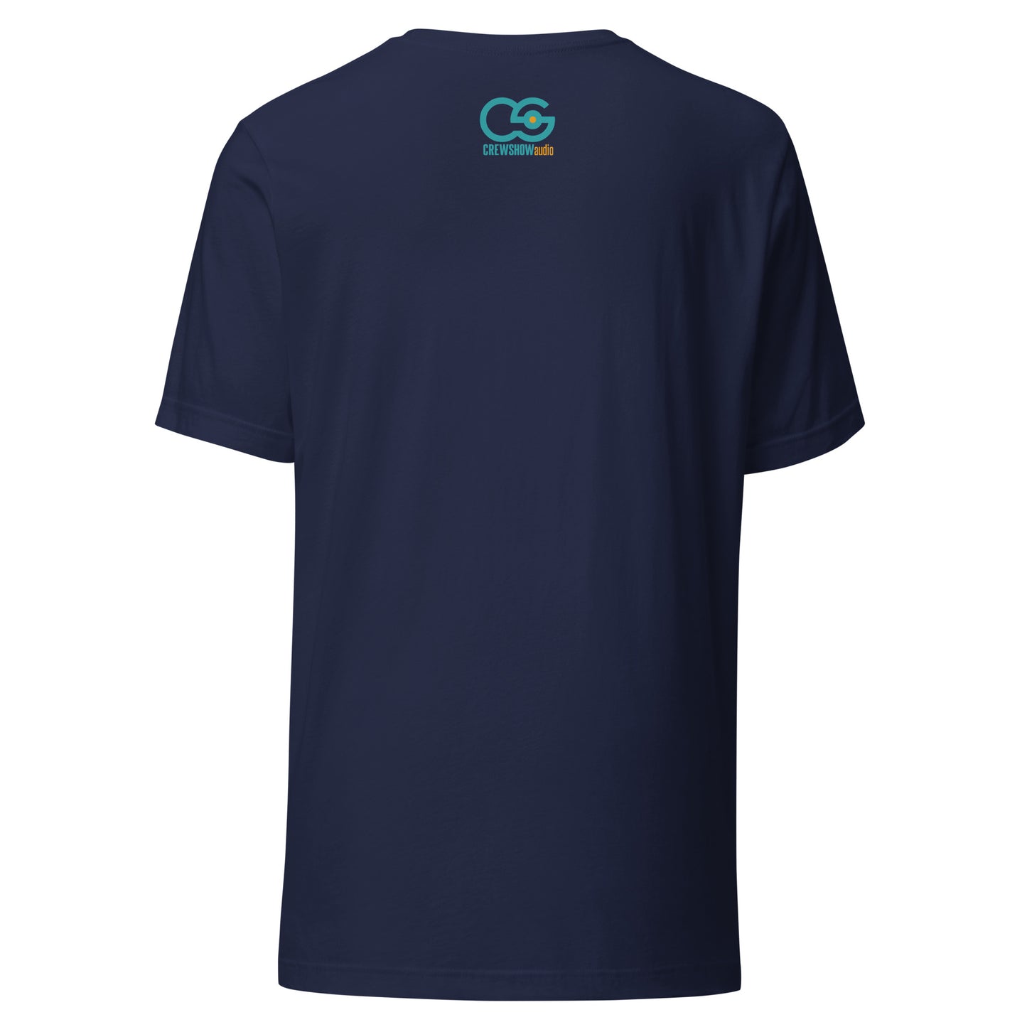 Bit Code 1 Digital Audio graphic t-shirt. Back view of a blue t-shirt with the Crew Show Audio logo at the neck.