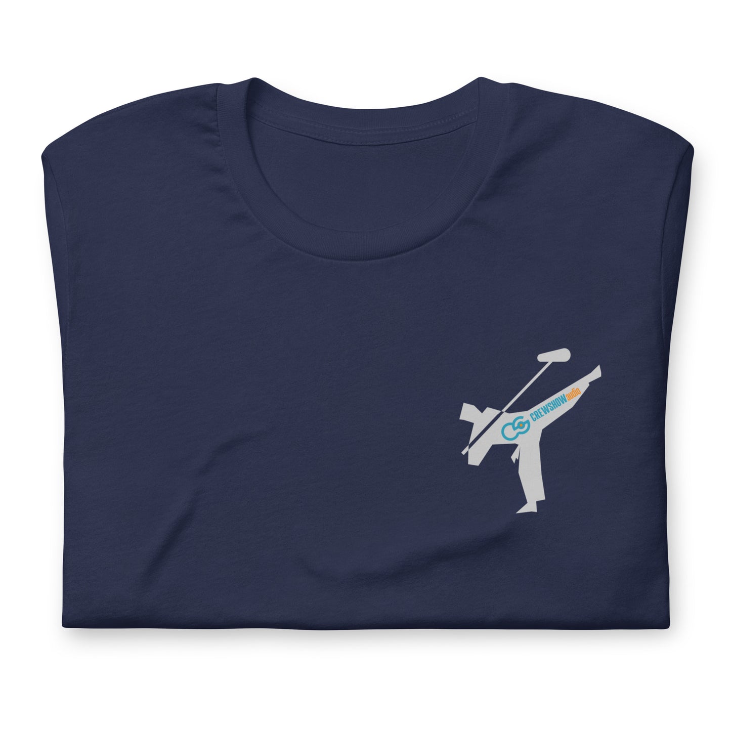 Active Duty Sound Crew graphic T-shirt. Front view close up of folded navy blue colour T-shirt with a graphic of martial arts fighter holding a boom microphone