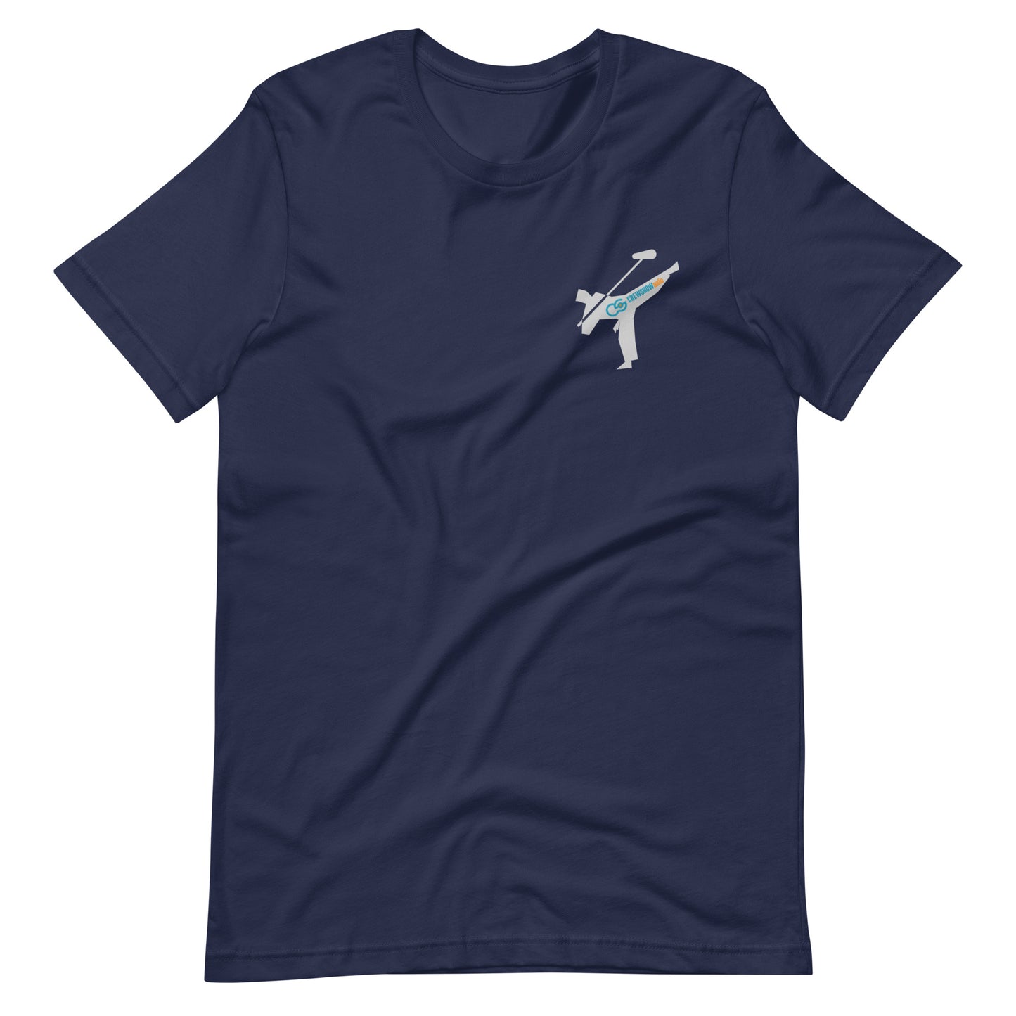 Active Duty Sound Crew graphic T-shirt. Front view of open navy colour T-shirt with a graphic of martial arts fighter, holding a boom microphone.