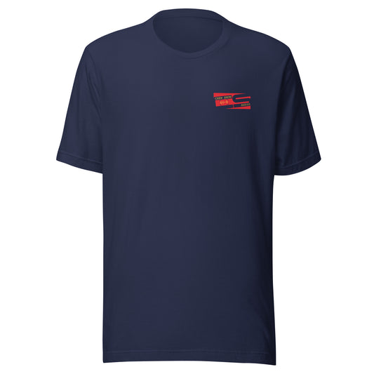 Raise the flag Sound crew graphic T-shirt. Front view of navy blue t-shirt with a graphic in red that looks like a flag.