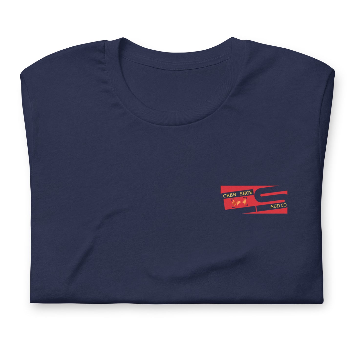 Raise the flag Sound crew graphic T-shirt. Front view folded navy blue t-shirt with a graphic in red that looks like a flag.