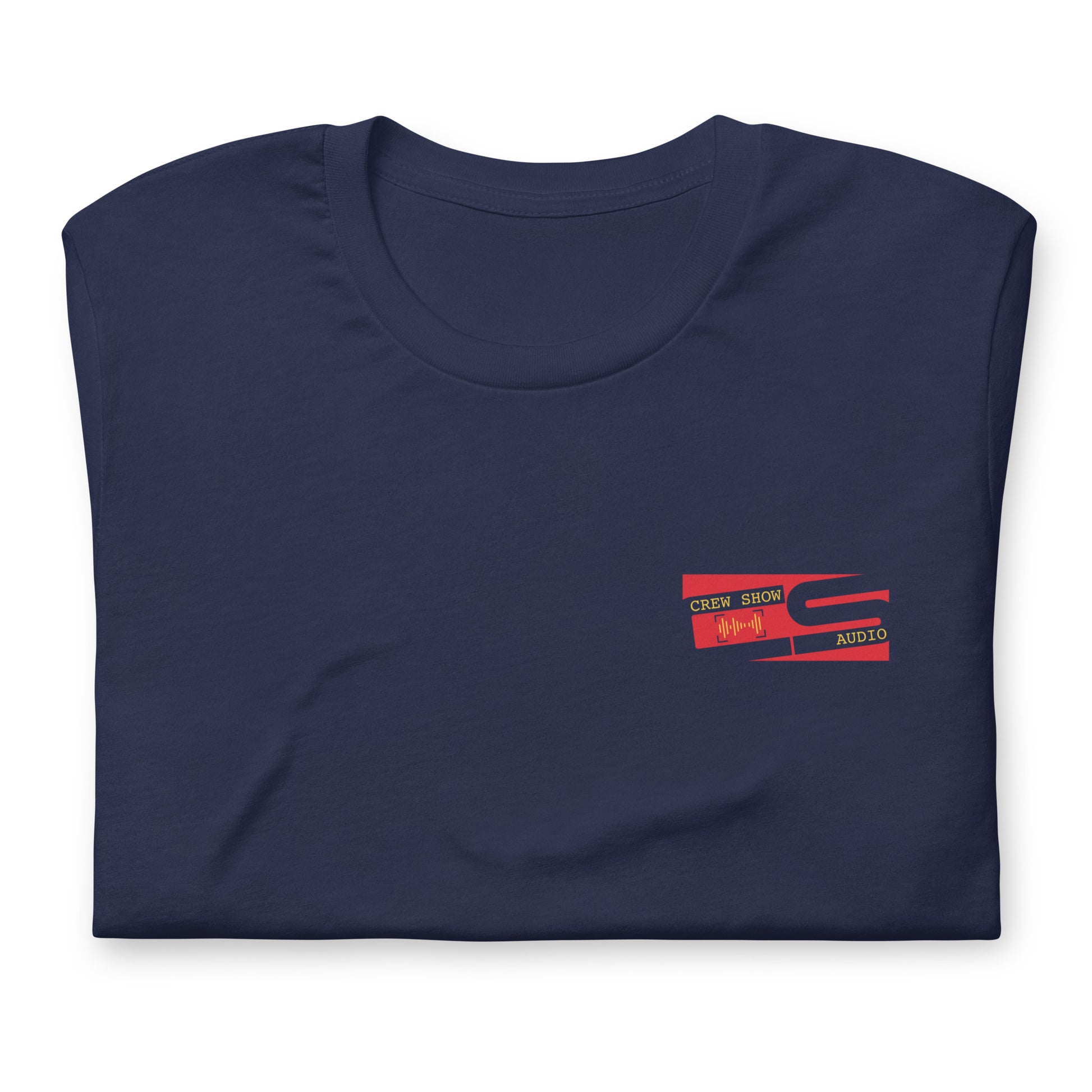 Raise the flag Sound crew graphic T-shirt. Front view folded navy blue t-shirt with a graphic in red that looks like a flag.
