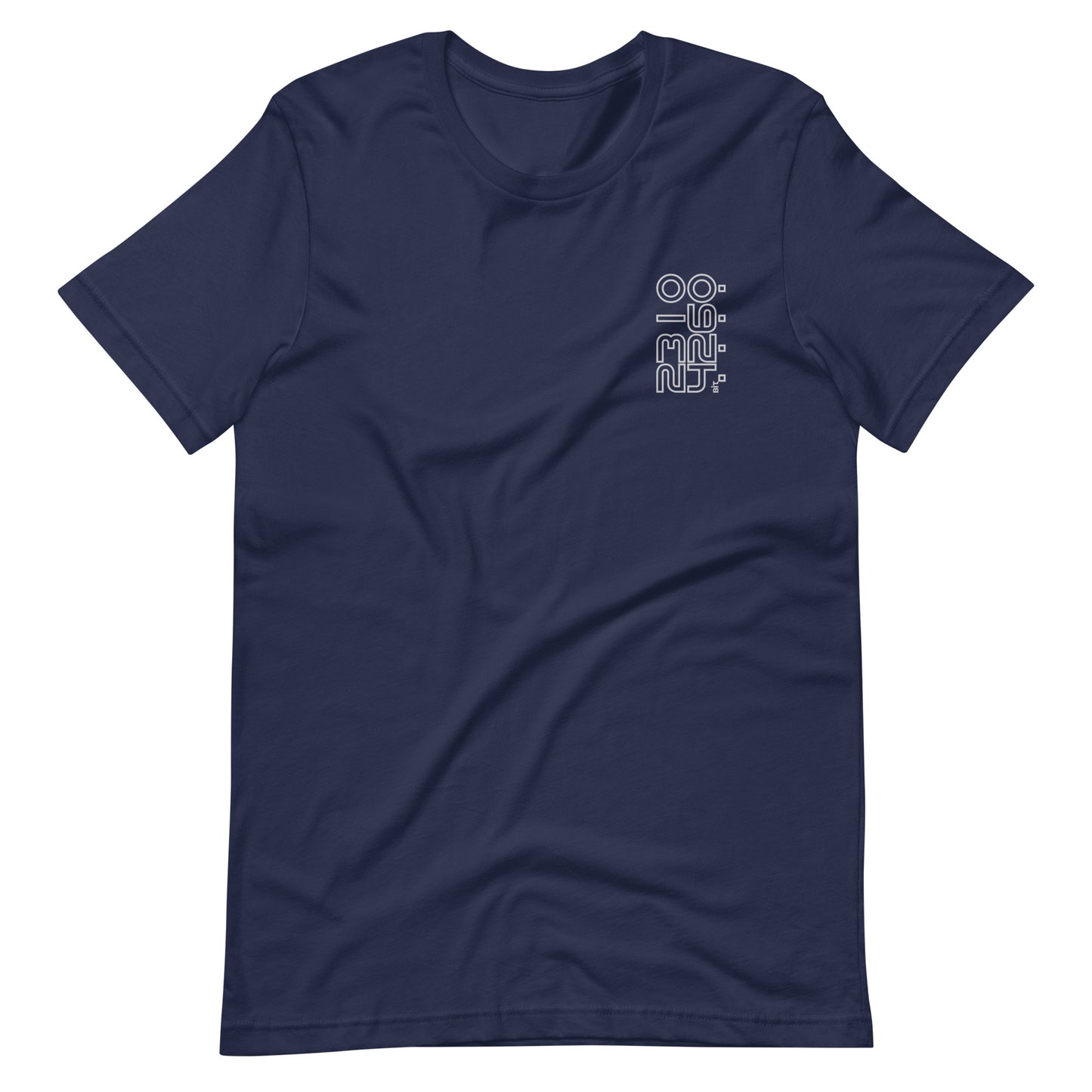 Bit Code 1 Digital Audio graphic t-shirt. Front view of an open navy t-shirt with a graphic featuring the numbers 16, 24 and 32.