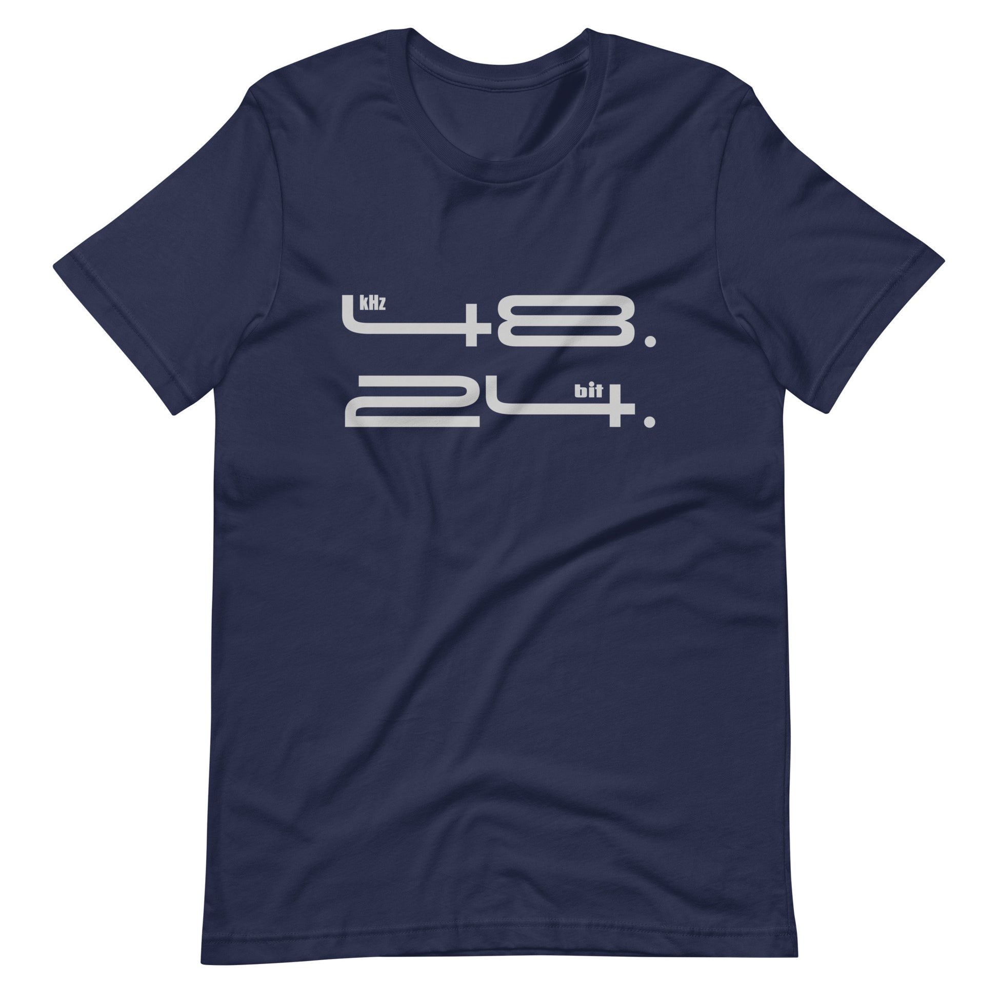 48k 24bit Pro Audio graphic t-shirt. Front view of navy colour t-shirt with graphic of numbers 48 and 24.