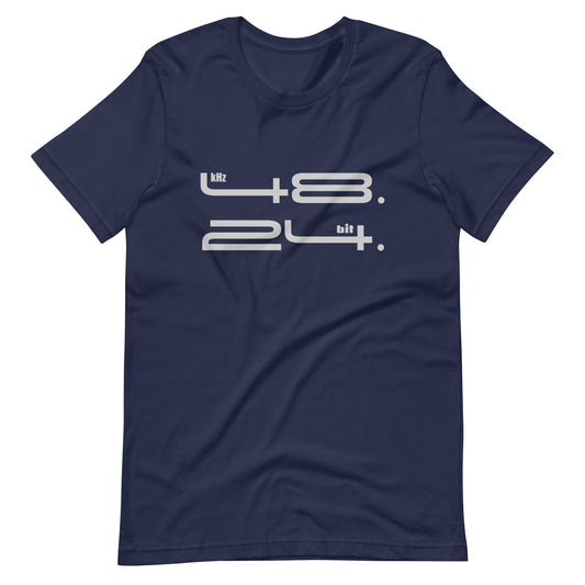 48k 24bit Pro Audio graphic t-shirt. Front view of navy colour t-shirt with graphic of numbers 48 and 24.