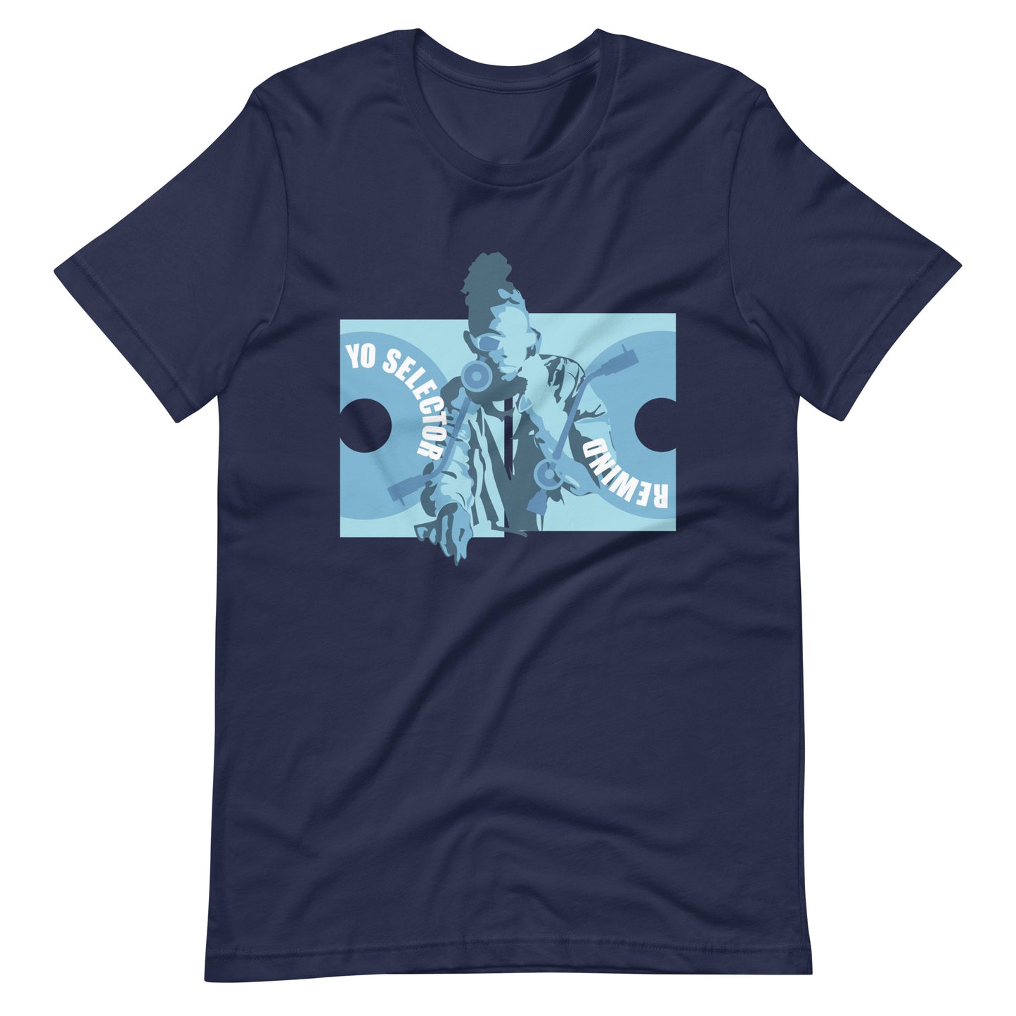 Rewind Selector From The Top graphic t-shirt. Front view of a navy blue t-shirt with a graphic of a DJ with 2 record decks.