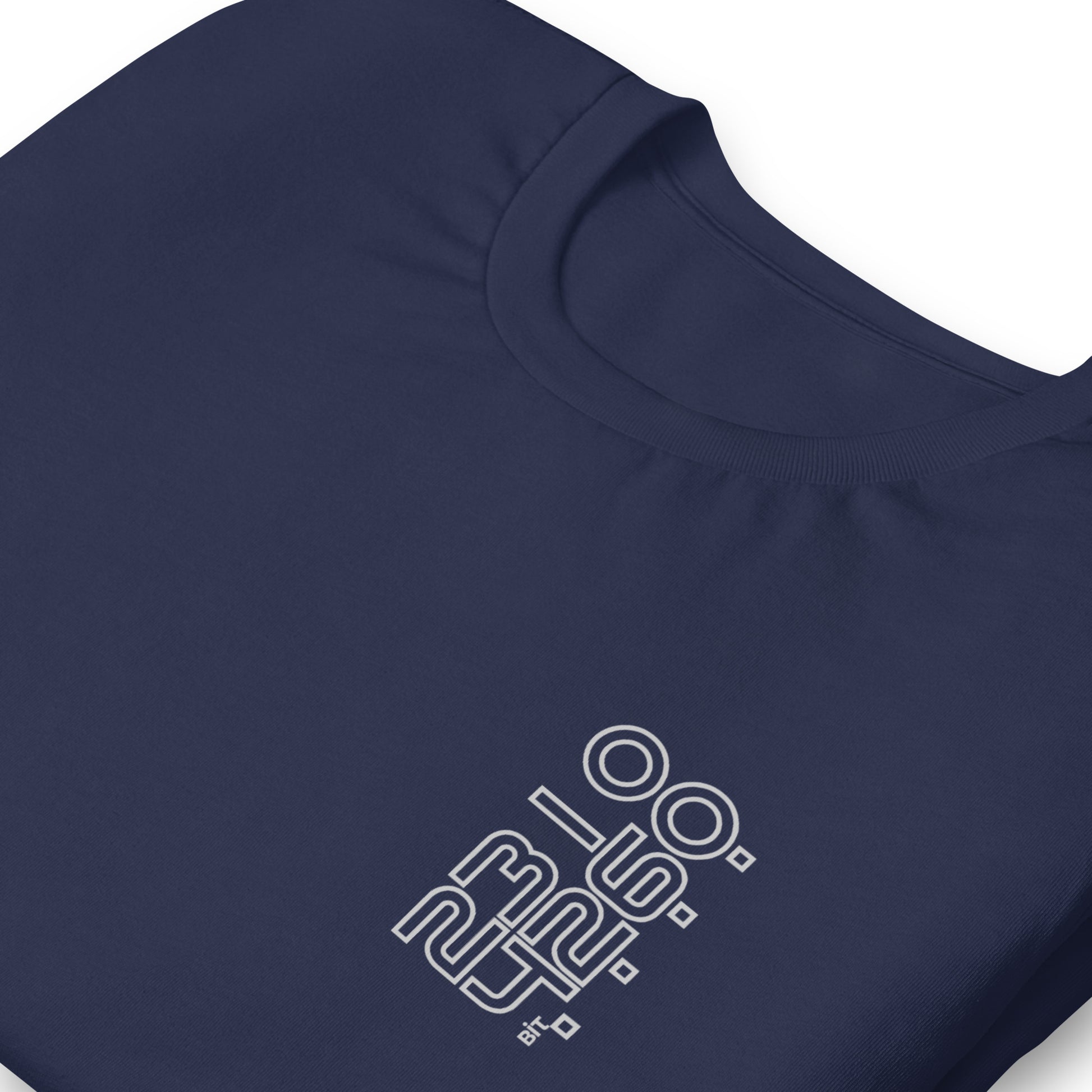 Bit Code 1 Digital Audio graphic t-shirt. Close up front view of a navy t-shirt with a graphic featuring the numbers 16, 24 and 32.