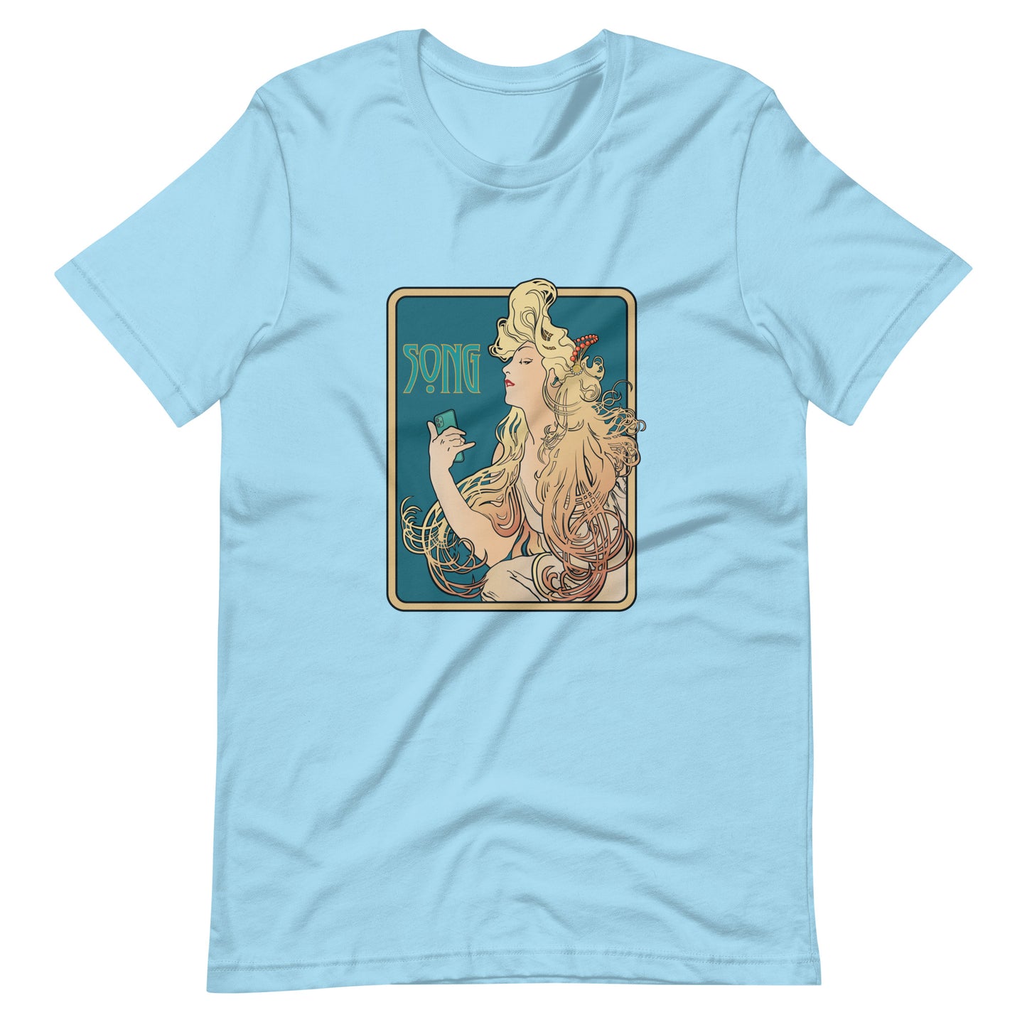 Nouveau Song Mucha Style graphic t-shirt. Front view of light blue colour t-shirt with Art Nouveau type graphic.