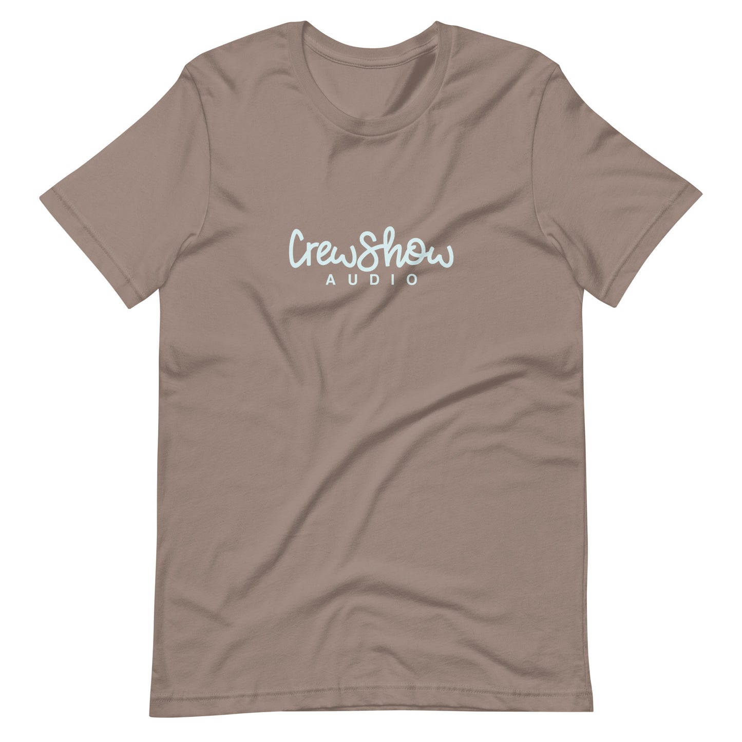 Crew Show Audio Script graphic t-shirt. Front view of pebble colour t-shirt with a script style graphic that says Crew Show Audio.