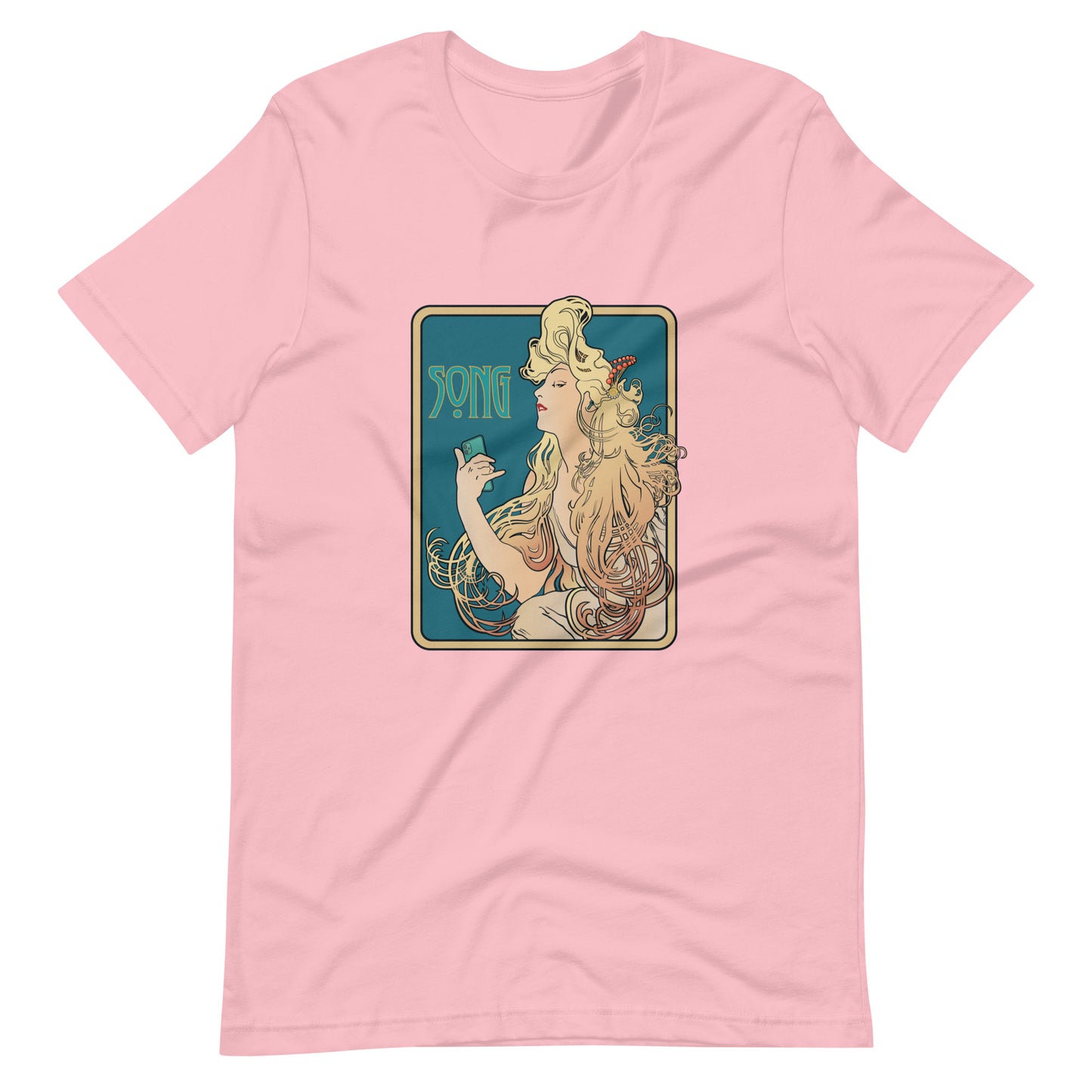 Nouveau Song Mucha Style graphic t-shirt. Front view of pink colour t-shirt with Art Nouveau type graphic.