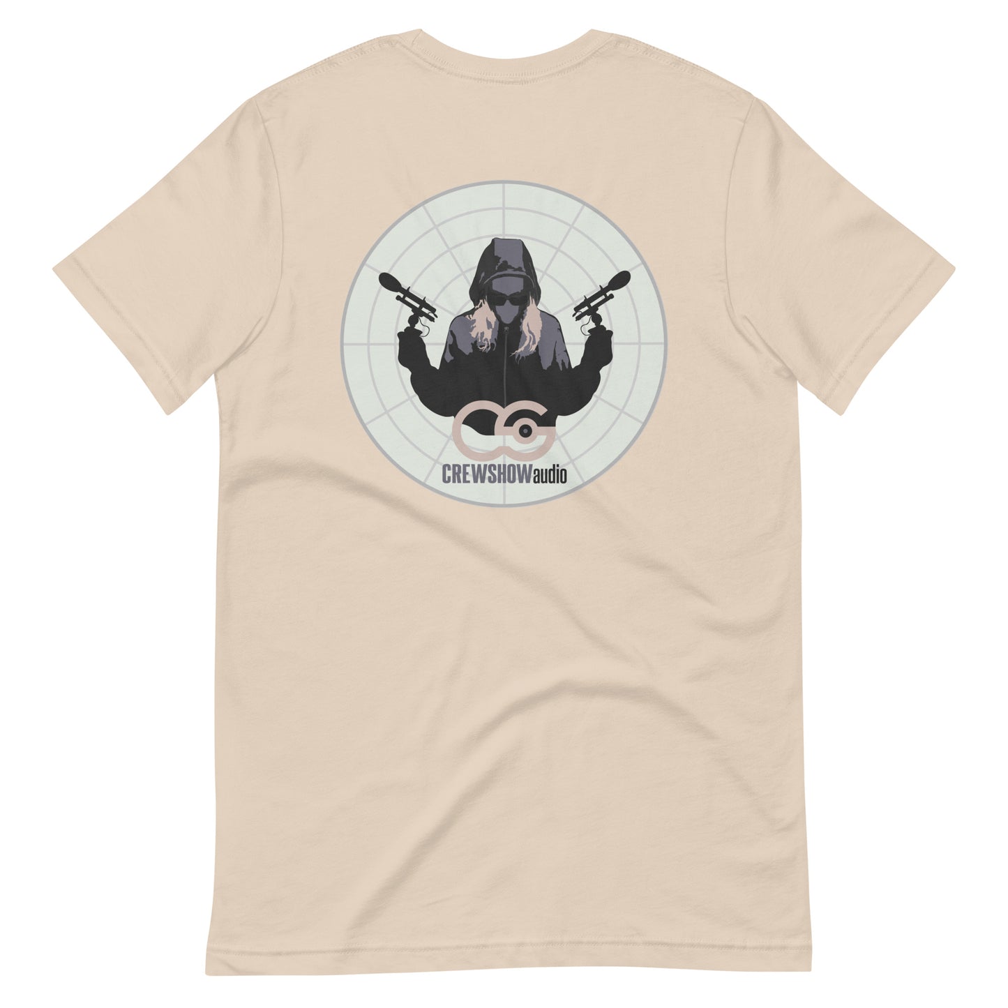 Assassin Sound Capture graphic t-shirt. Back view of cream colour t-shirt with graphic of a woman holding 2 microphones.