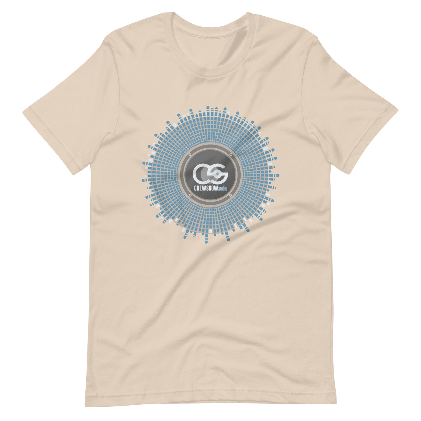 Bass driver sound explosion graphic T-shirt. Front view of an open cream colour t-shirt with a graphic image of a loudspeaker driver cone.