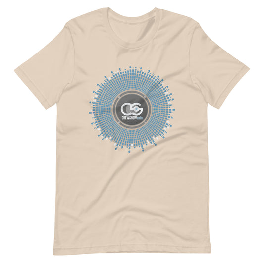 Bass driver sound explosion graphic T-shirt. Front view of an open cream colour t-shirt with a graphic image of a loudspeaker driver cone.