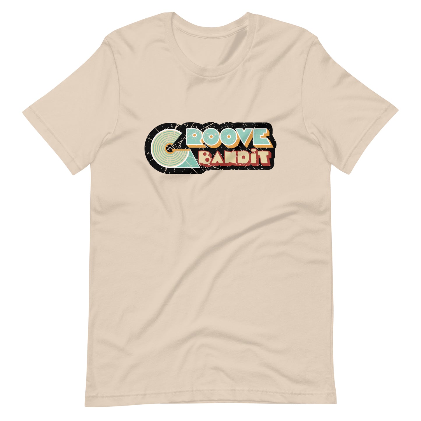 Groove Bandit Vintage Vinyl graphic T-shirt. Front view of an open cream colour t-shirt with a vintage look graphic that says Groove Bandit.