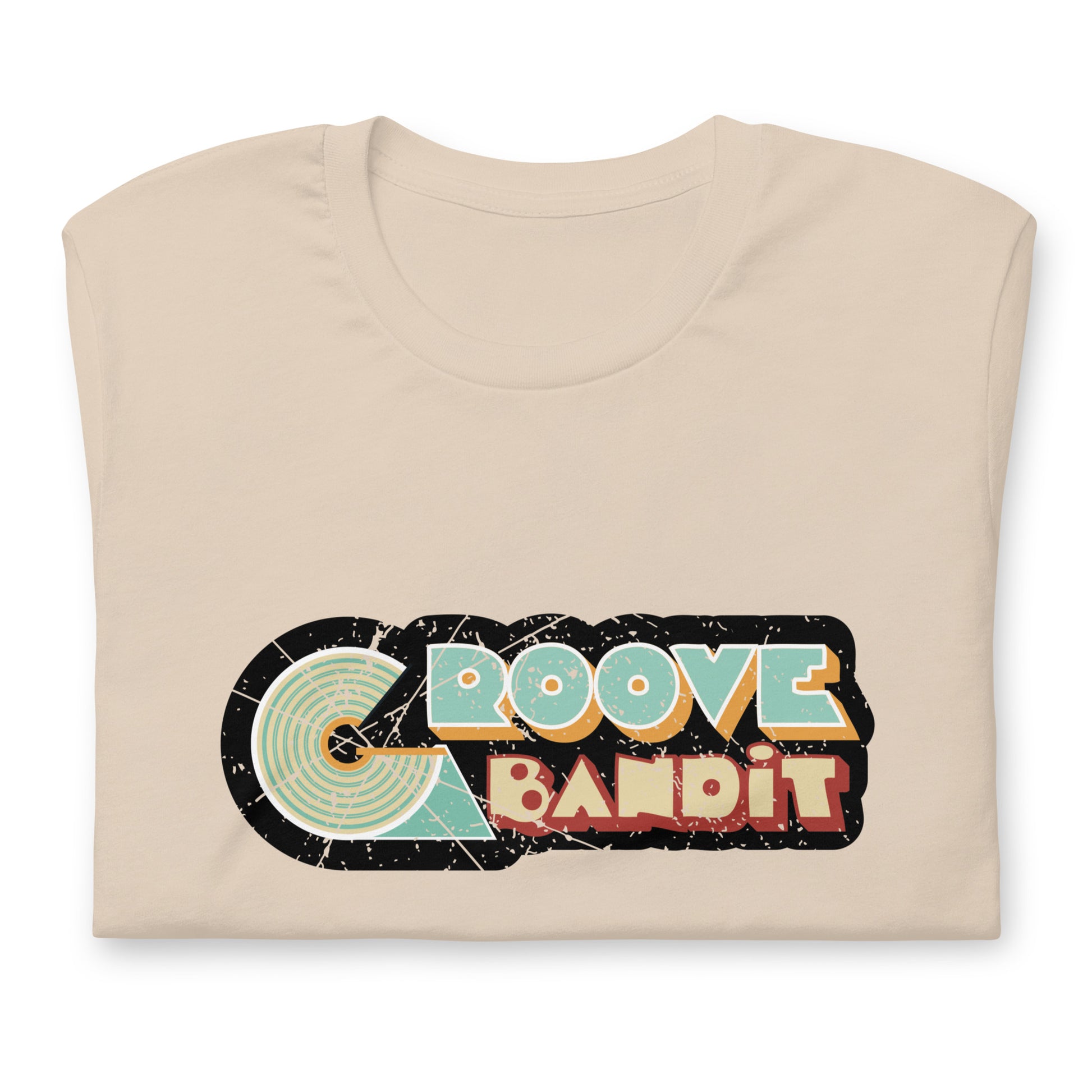 Groove Bandit Vintage Vinyl graphic T-shirt. Front view of folded cream colour t-shirt with a vintage look graphic that says Groove Bandit.