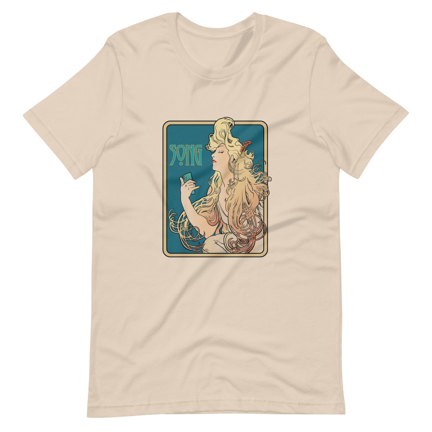 Nouveau Song Mucha Style graphic t-shirt. Front view of cream colour t-shirt with Art Nouveau type graphic.