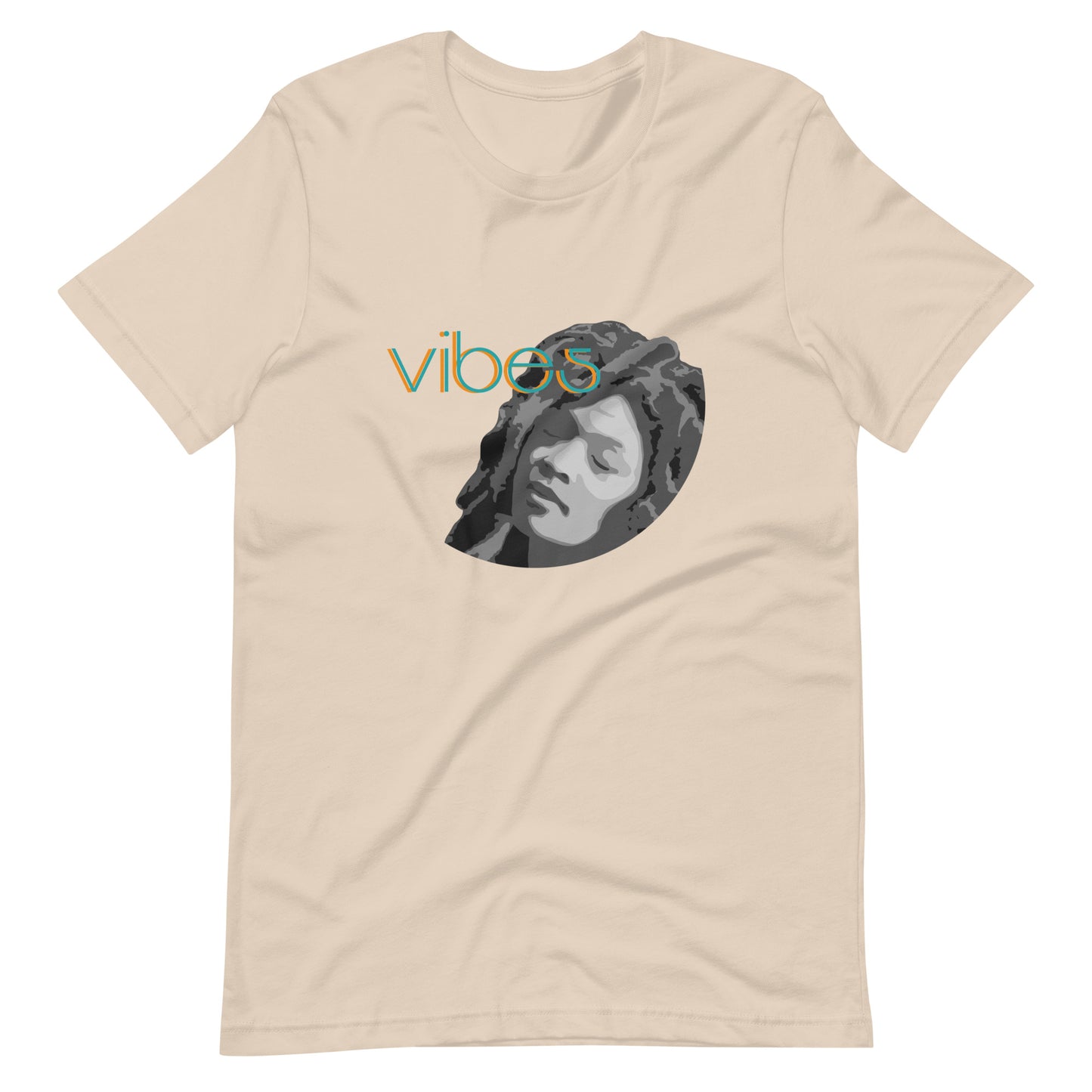 Cool Vibes Easy Listening graphic t-shirt. Front view of cream colour t-shirt with a graphic of a dreamy looking black woman with text that says vibes.Product mockup